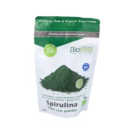 Biotona Spirulina Raw Power 200Gr. Bio Alga de agua salada verde azulada, usada como fuente de alimento y para mantener la vitalidad en general. Cultivada al aire libre.