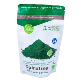 Biotona Spirulina Raw Power 200Gr. Bio Alga de agua salada verde azulada, usada como fuente de alimento y para mantener la vitalidad en general. Cultivada al aire libre.