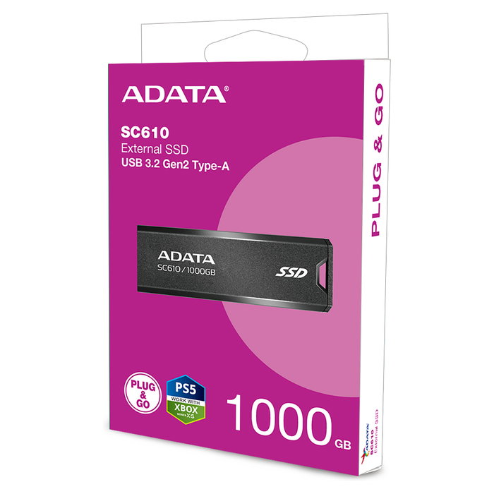ADATA SC610 SSD externa 1 TB, USB-A 3.2 Gen 2, 550 MB/s, Negro ADATA SC610 SSD externa 1 TB, USB-A 3.2 Gen 2, 550 MB/s, Negro