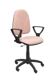 Silla de oficina Algarra con mecanismo Contacto permanente básico tapizada con Tela color Rosa. Equipada con Base poliamida negra, Brazos fijos y Ruedas de nailon 50 mm