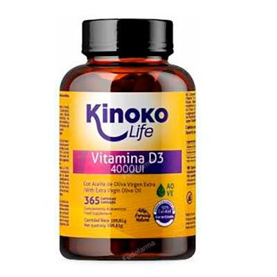 KINOKO LIFE Vitamina D 4000 UI 365 Cápsulas Blandas - Alta Biodisponibilidad, Aceite Oliva Virgen Extra, Sin Gluten, Lactosa, GMO