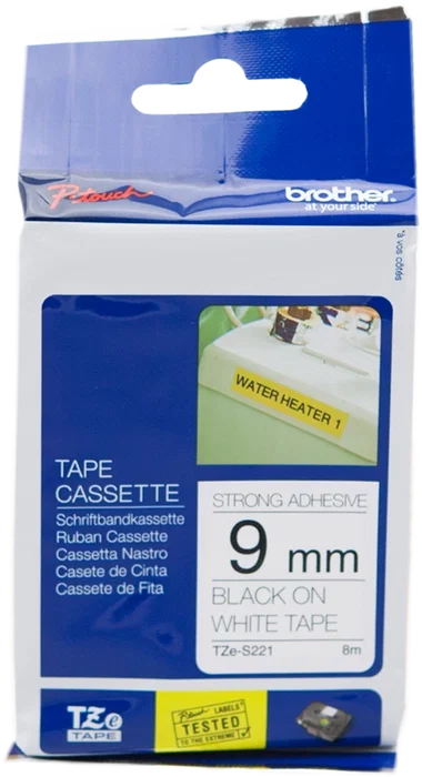 Brother TZe-S221 Cinta Laminada Super Adhesiva Negro sobre Blanco 9mm x 8m