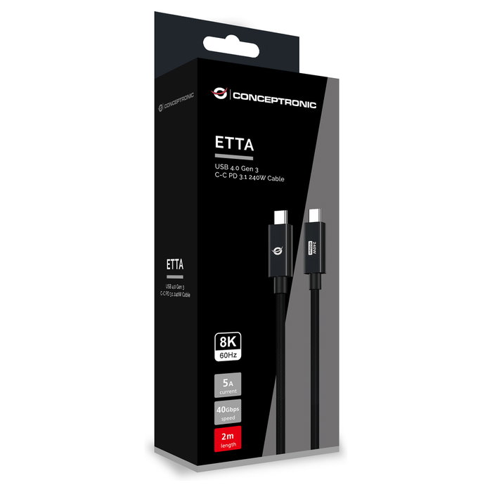 Conceptronic Cable USB-C a USB-C ETTA04B20 2m 40Gbps 240W Conceptronic Cable USB-C a USB-C ETTA04B20 2m 40Gbps 240W