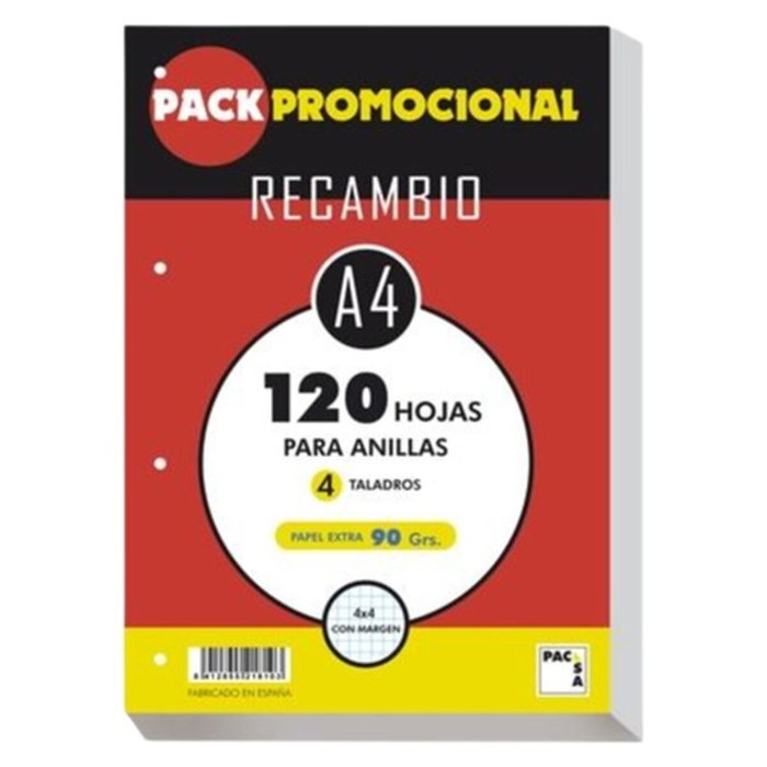 Pacsa Recambio Papel A4 120H 90 gr 4x4 mm 4 Taladros Extra Pacsa Recambio Papel A4 120H 90 gr 4x4 mm 4 Taladros Extra