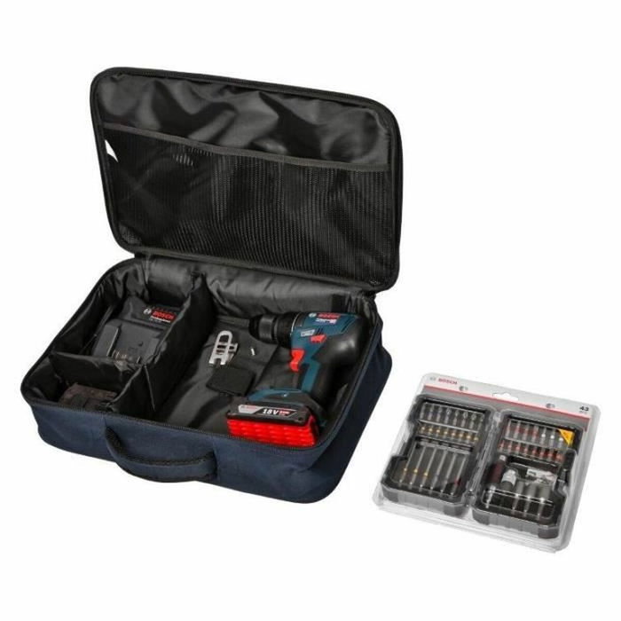 Bosch Professional GSR 18V-50 Taladro atornillador con 2 baterías 2.0Ah, cargador, 43 accesorios y bolsa