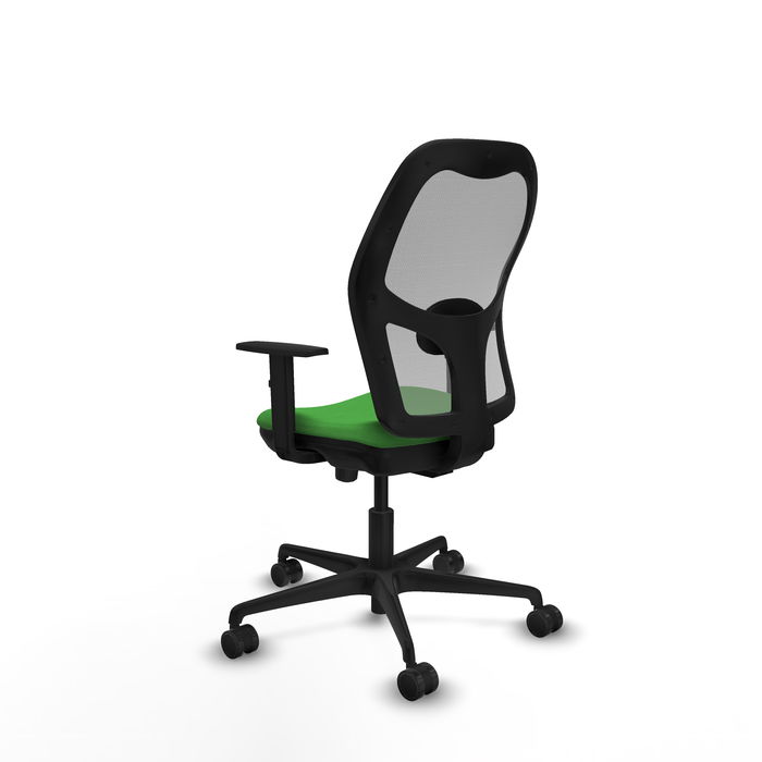 Silla de oficina Jorquera con mecanismo Sincro/Traslack tapizada con Tela color Verde y malla color Gris. Equipada con lumbar 1D, Brazos 1D y Ruedas 65mm nailon