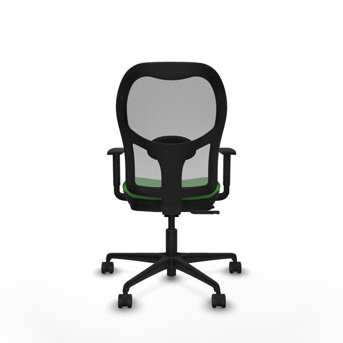 Silla de oficina Jorquera con mecanismo Sincro/Traslack tapizada con Tela color Verde y malla color Gris. Equipada con lumbar 1D, Brazos 1D y Ruedas 65mm nailon