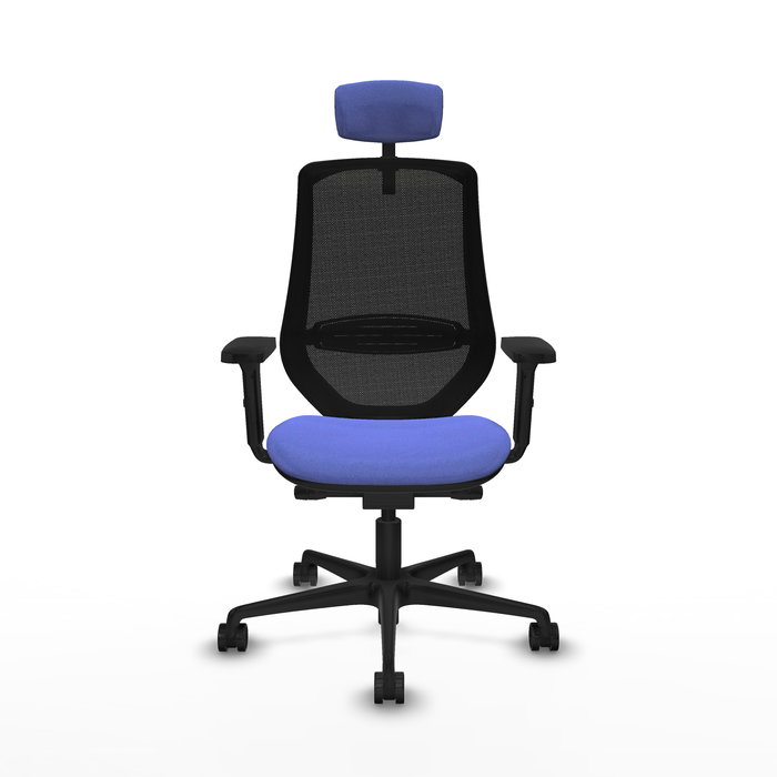 Silla de oficina Mardos con mecanismo Sincro/Traslack tapizada con Tela color Azul claro y malla color Negro. Equipada con lumbar 1D, Brazos 2D, Cabecero 2D y Ruedas 65mm nailon