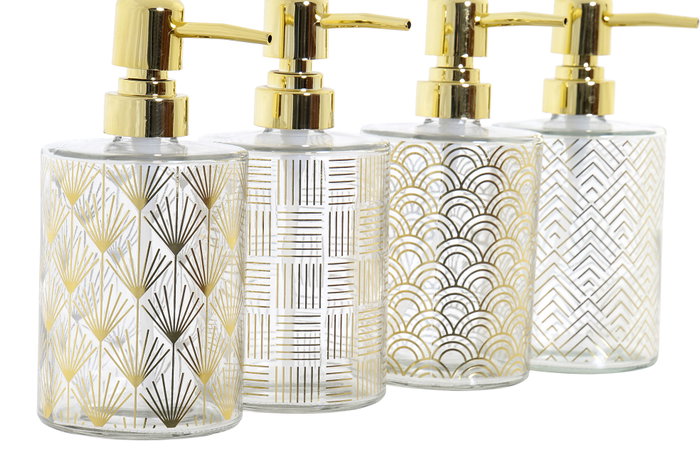 DKD Home Decor Set de 4 Dispensadores de Cristal y ABS Dorado 450 ml
