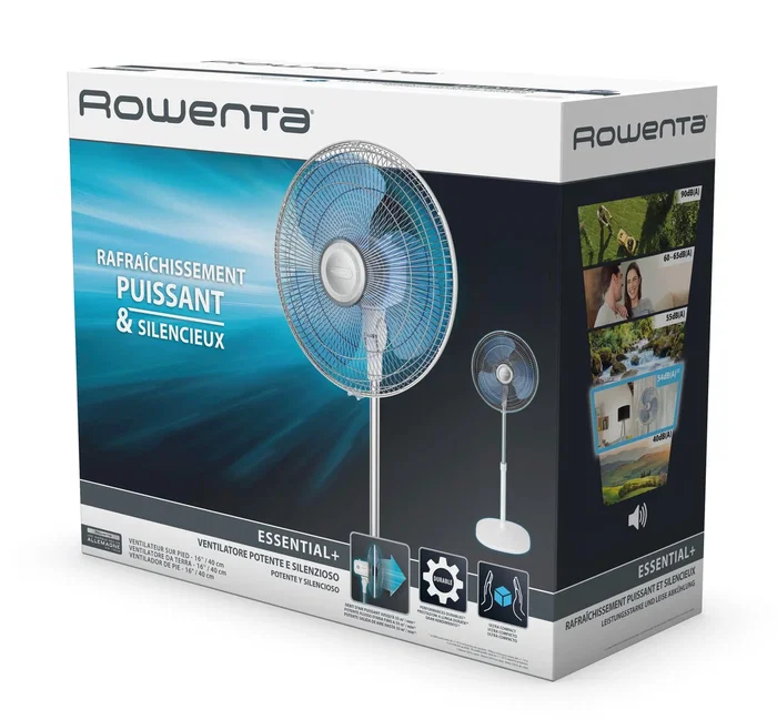 Rowenta Essential VU4410F0 Ventilador de Piso Silencioso Blanco, 40 cm, 3300 m³/h, 3 Velocidades, Ajuste de Altura