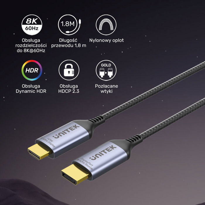 Unitek Cable DisplayPort 1.4 a HDMI 2.1 8K 1,8m