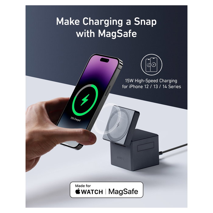 Anker Cargador 3 en 1 con MagSafe Cube para iPhone 15/14/13/12 - Negro, Carga Rápida 15W, Incluye Cable USB-C de 1.5 m