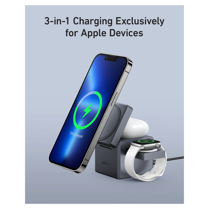 Anker Cargador 3 en 1 con MagSafe Cube para iPhone 15/14/13/12 - Negro, Carga Rápida 15W, Incluye Cable USB-C de 1.5 m
