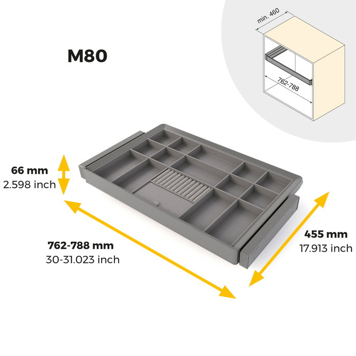 Emuca Kit de cajón organizador y bastidor regulable Quartz para armarios, guías de cierre suave y extracción total, Módulo 80cm, Acabado Titanio Emuca Kit de cajón organizador y bastidor regulable Quartz para armarios, guías de cierre suave y extracción total, Módulo 80cm, Acabado Titanio