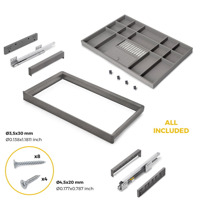 Emuca Kit de cajón organizador y bastidor regulable Quartz para armarios, guías de cierre suave y extracción total, Módulo 80cm, Acabado Titanio Emuca Kit de cajón organizador y bastidor regulable Quartz para armarios, guías de cierre suave y extracción total, Módulo 80cm, Acabado Titanio