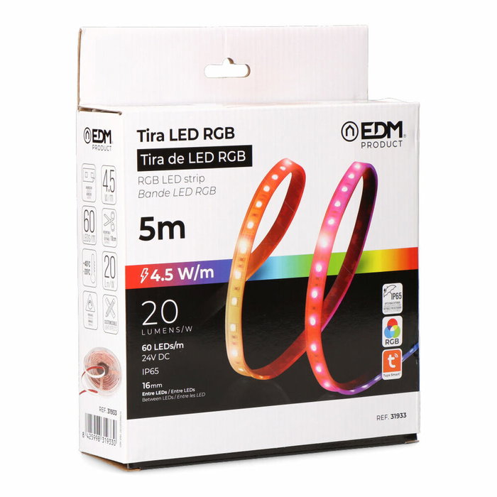 Edm Tira LED RGB Adhesiva 5 m x 12 mm IP65 con App Tuya y Mando Edm Tira LED RGB Adhesiva 5 m x 12 mm IP65 con App Tuya y Mando