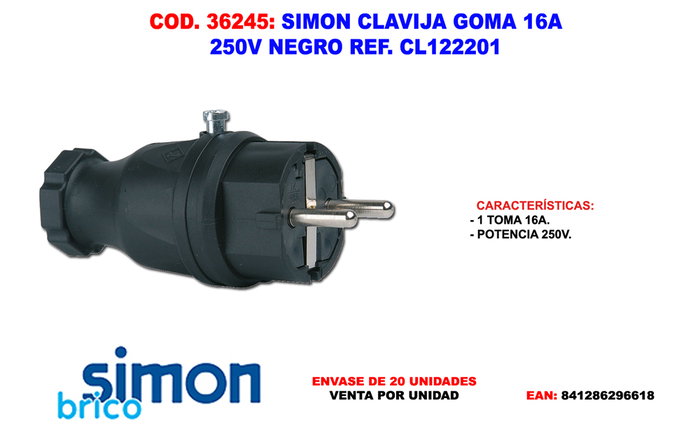 Simon Clavija de goma Schuko 2p+t 16A 250V negra Simon Clavija de goma Schuko 2p+t 16A 250V negra