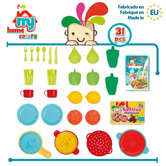 Set de Alimentos de Juguete Colorbaby Menaje y utensilios de cocina 31 Piezas (6 Unidades)