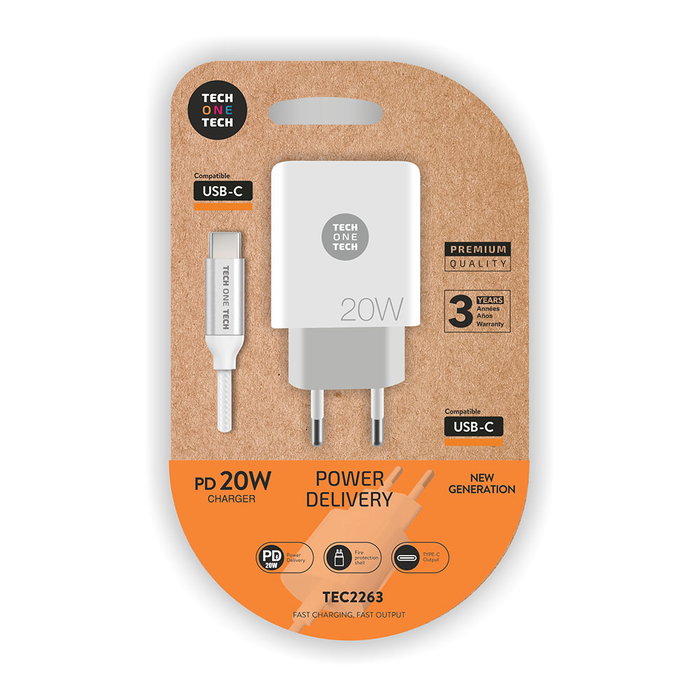 TECH-ONE-TECH Cargador 20W Power Delivery con Cable USB-C Blanco