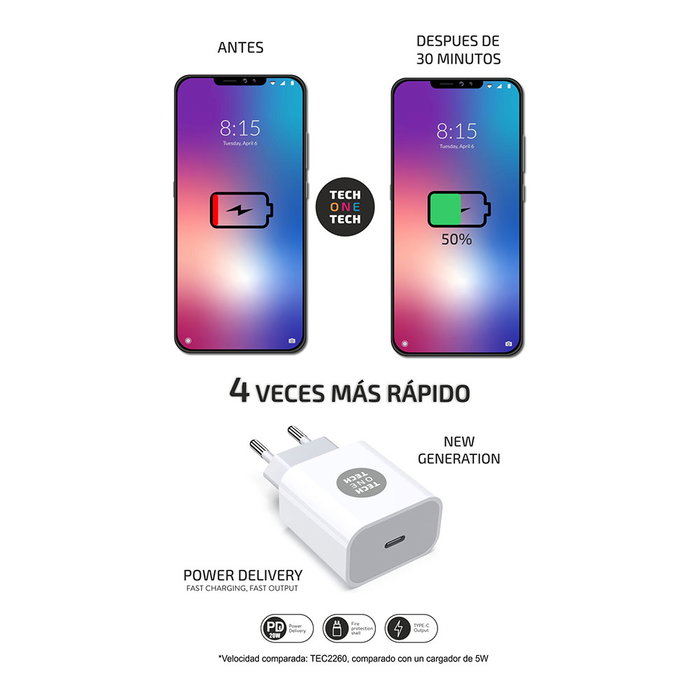 TECH-ONE-TECH Cargador 20W Power Delivery con Cable USB-C Blanco