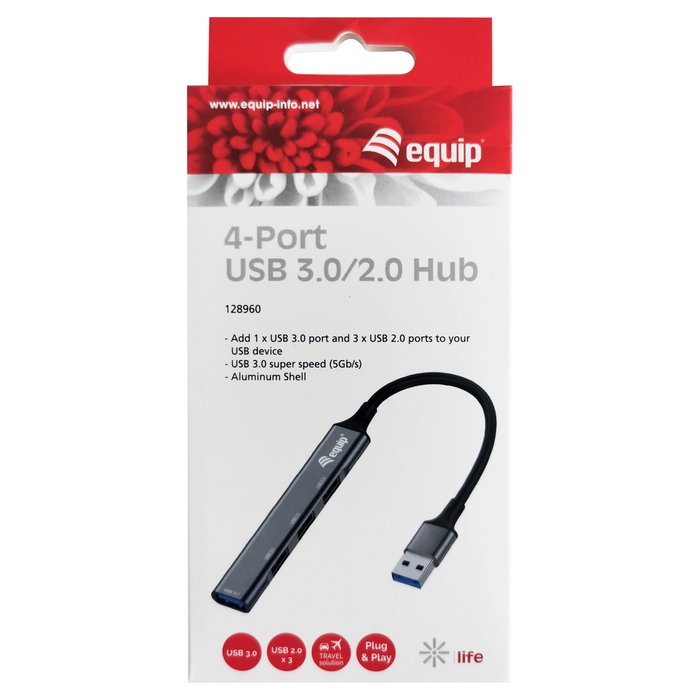 Equip Hub USB 4 Puertos 1xUSB 3.0 y 3xUSB 2.0 Aluminio Gris/Negro