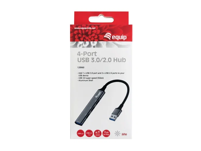 Equip 128960 Hub USB 3.0 con 4 Puertos (1x USB 3.0, 3x USB 2.0), Velocidad 5 Gbit/s, Carcasa de Aluminio Negro/Gris