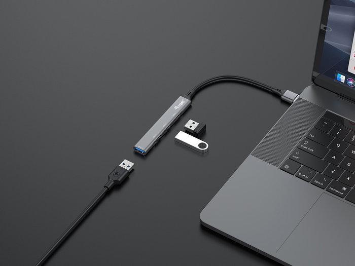 Equip 128960 Hub USB 3.0 con 4 Puertos (1x USB 3.0, 3x USB 2.0), Velocidad 5 Gbit/s, Carcasa de Aluminio Negro/Gris