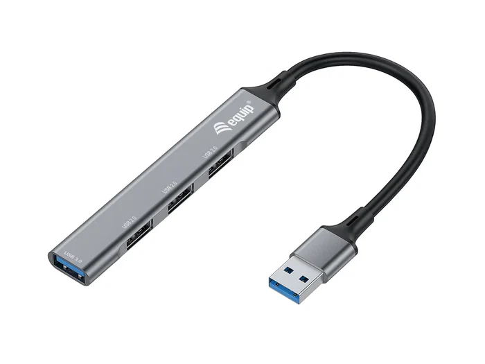 Equip 128960 Hub USB 3.0 con 4 Puertos (1x USB 3.0, 3x USB 2.0), Velocidad 5 Gbit/s, Carcasa de Aluminio Negro/Gris
