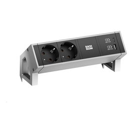 Bachmann DESK2 / GST18 Alargador de 2 Tomas Schuko y 2 Puertos USB-A/C 22W Carga Rápida, Cable 0.2m, Acero Inoxidable (INOX), para Interior, Negro y Plata
