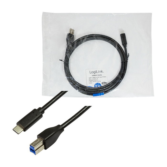 LogiLink Cable USB 3.2 Gen1 de USB-C a USB-B, 2 m, Negro