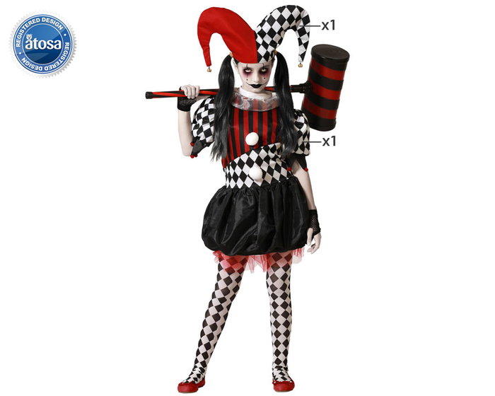 Disfraz Arlequina Vestido y Gorro Cuadros y Rayas Rojo Negro Niña 7-9 Años Disfraz Arlequina Vestido y Gorro Cuadros y Rayas Rojo Negro Niña 7-9 Años