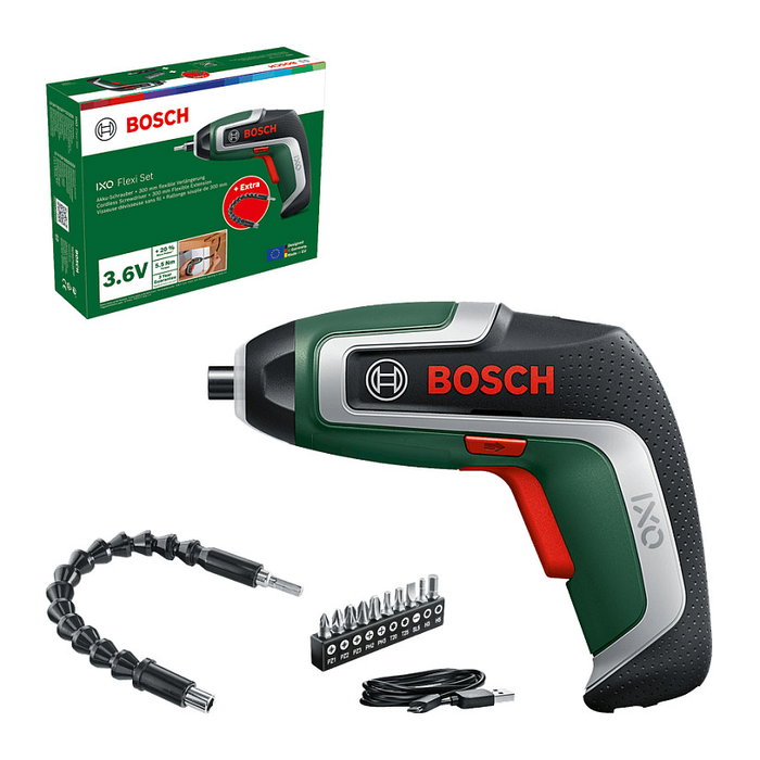 Bosch Atornilladora a Batería IXO 7 Flexi Set, 3.6 V, 2 Ah, Portabrocas Rápido, 10 Piezas, Negro/Verde