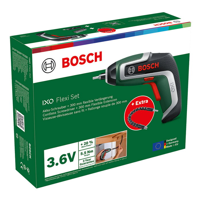 Bosch Atornilladora a Batería IXO 7 Flexi Set, 3.6 V, 2 Ah, Portabrocas Rápido, 10 Piezas, Negro/Verde