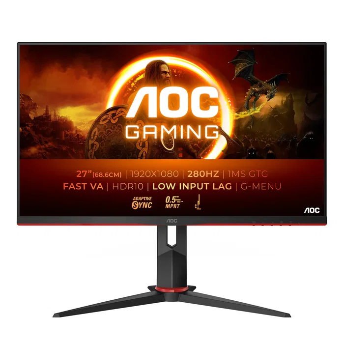 AOC Monitor Gaming 27" 27G2ZN3/BK Full HD 1920x1080, Fast VA, 280Hz, 1ms, HDR10, Adaptive Sync, Sin Marco, Ajustable, Negro/Rojo