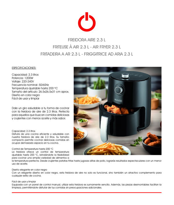 Basic Home Freidora de Aire 2.3L Manual 1200W | Ancho 27 cm x Alto 31 cm x Largo 26 cm (2 Unidades)