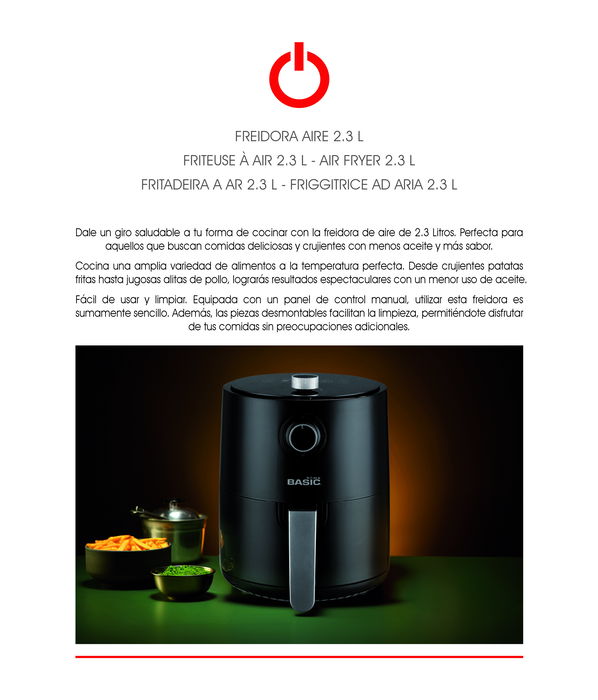 Basic Home Freidora de Aire 2.3L Manual 1200W | Ancho 27 cm x Alto 31 cm x Largo 26 cm (2 Unidades)