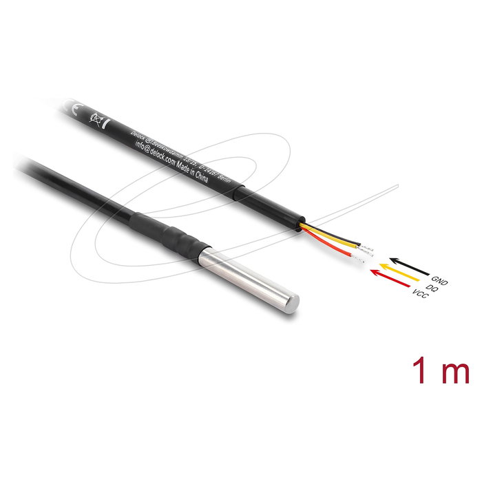 DeLOCK Cable Sensor de Temperatura DS18B20 1 m, 3 Terminales Abiertos, PVC, -40 a 150 ºC, Macho, Negro