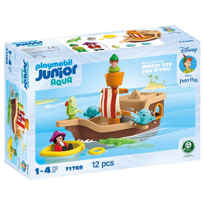 PLAYMOBIL 71769 Junior & Disney - Peter Pan Piratenschiff mit Wasserspritzspaß, Piratenschiff con efecto agua, juguete de construcción para niños a partir de 1 año