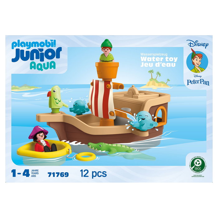 PLAYMOBIL 71769 Junior & Disney - Peter Pan Piratenschiff mit Wasserspritzspaß, Piratenschiff con efecto agua, juguete de construcción para niños a partir de 1 año