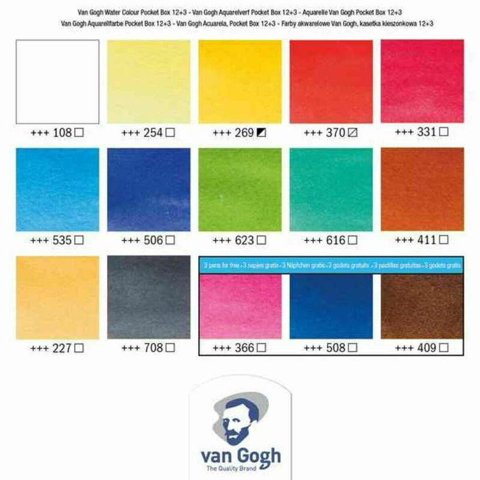 Talens Van Gogh Acuarelas Básicas en Medias Pastillas con 12 Unidades + 3 Gratis y Pincel