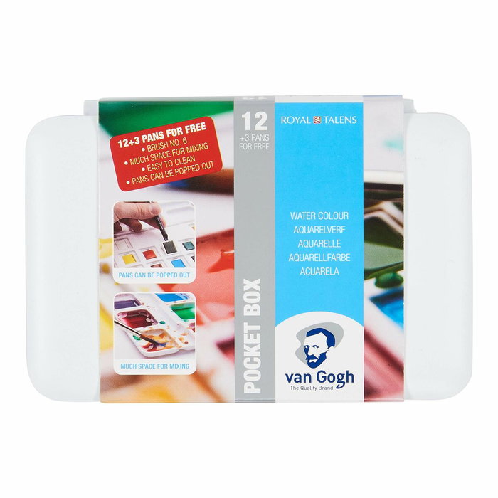 Talens Van Gogh Acuarelas Básicas en Medias Pastillas con 12 Unidades + 3 Gratis y Pincel