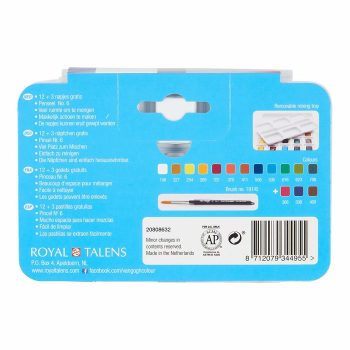 Talens Van Gogh Acuarelas Básicas en Medias Pastillas con 12 Unidades + 3 Gratis y Pincel