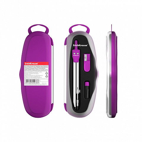 ERICH KRAUSE 31527 SET COMPAS SCHOOL CON ACCESORIOS, 3 uds Metalico, Radio Max 21cm, Mina Recambio, Estuche Plastico Colores Neon