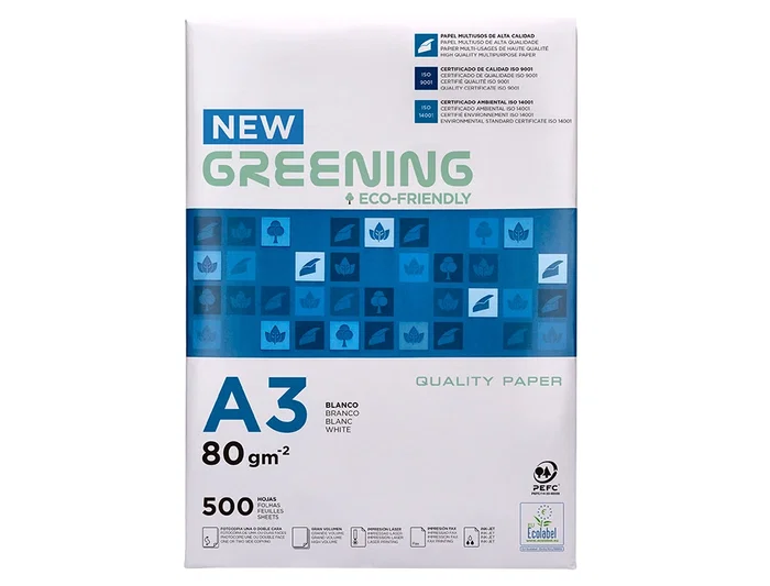 Greening copy Papel Fotocopiadora Din A3 80 Gramos Paquete 500 Hojas Blanco Uso Multifunción