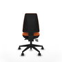 Silla de oficina Elche con mecanismo Asincro tapizada con Tela color Naranja. Equipada con Base piramidal negra, Sin brazos y Ruedas 65mm nailon