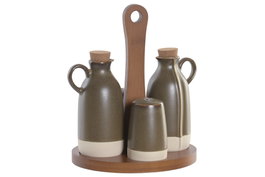 DKD Home Decor Set de Aceitera y Vinagrera Liangfeng 26 en Gres y Acacia Verde