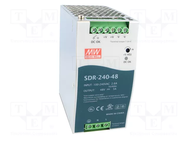 MEAN WELL SDR-240-48 Alimentador de Impulso 240W 48VDC 5A MEAN WELL SDR-240-48 Alimentador de Impulso 240W 48VDC 5A