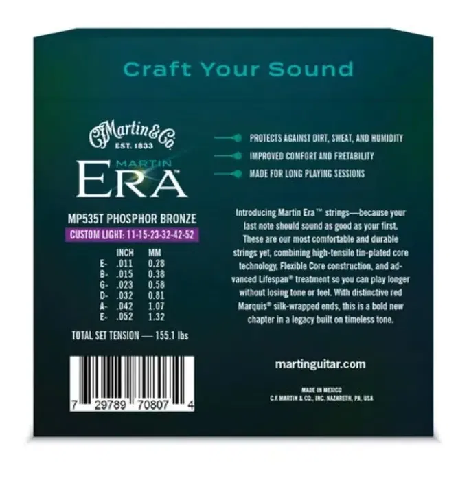 Martin Cuerdas para Guitarra Acústica Martin Era Tratadas con Lifespan 92/8 Phosphor Bronze Calibre Custom Light 11-52, Diseñadas para Durabilidad y Sonido Característico Martin Cuerdas para Guitarra Acústica Martin Era Tratadas con Lifespan 92/8 Phosphor Bronze Calibre Custom Light 11-52, Diseñadas para Durabilidad y Sonido Característico