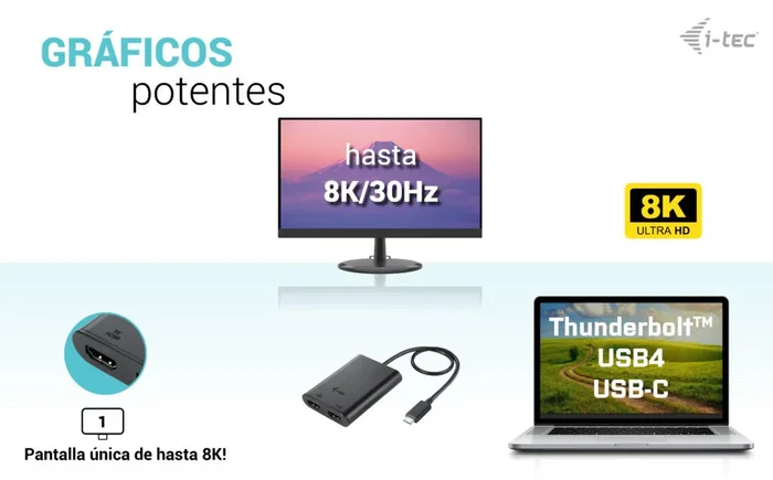 i-tec Adaptador de Vídeo USB-C C31DUAL4K60HDMI a 2x HDMI con Resolución 1x 8K/30Hz o 2x 4K/60Hz para Portátil, PC, Thunderbolt 3/4