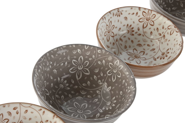 DKD Home Decor Set de 4 Cuencos de Porcelana Flores Beige y Marrón